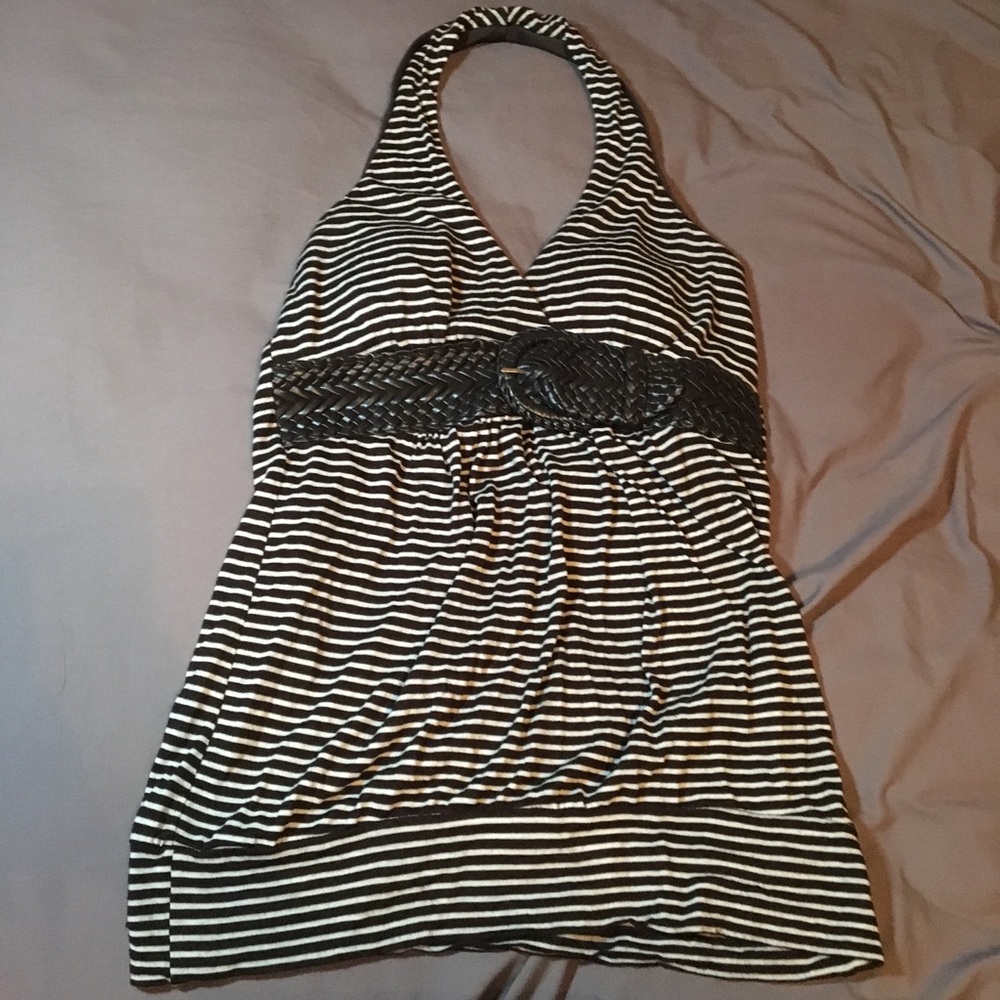 Fresh of LA white/brown stripe halter top w/ belt